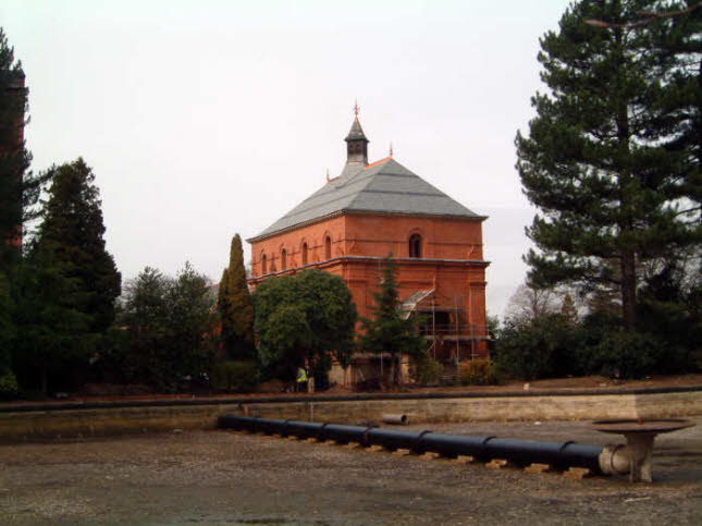 View of almost finished station over the empty cooling pond