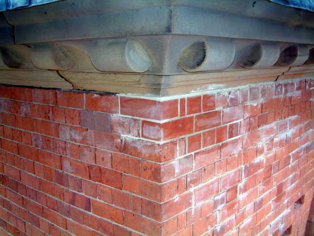 View of replaced brickwork on corner of building